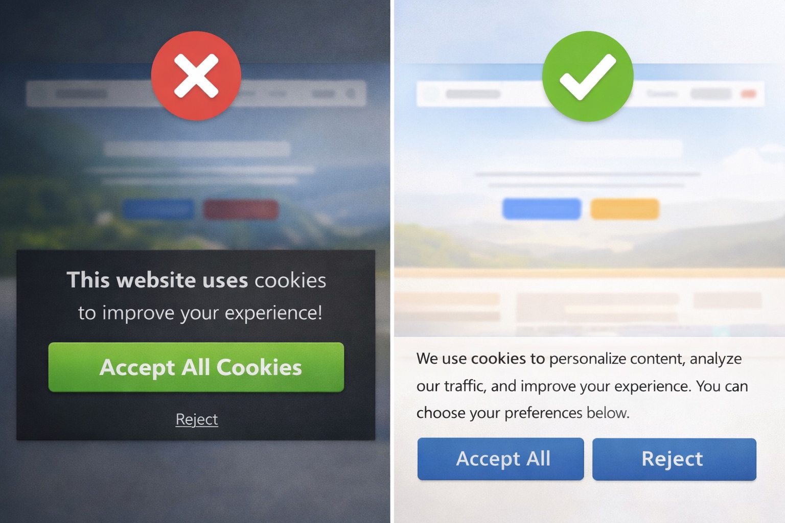 Infografía mostrando los tipos comunes de dark patterns encontrados en banners de cookies con estadísticas
