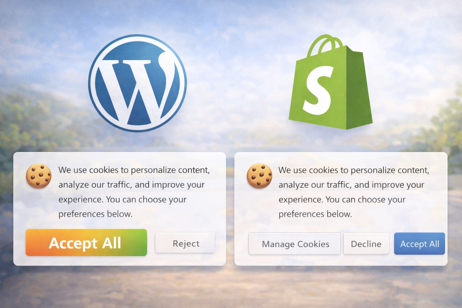 Logos de WordPress y Shopify junto a un banner de consentimiento de cookies en una pantalla de portátil