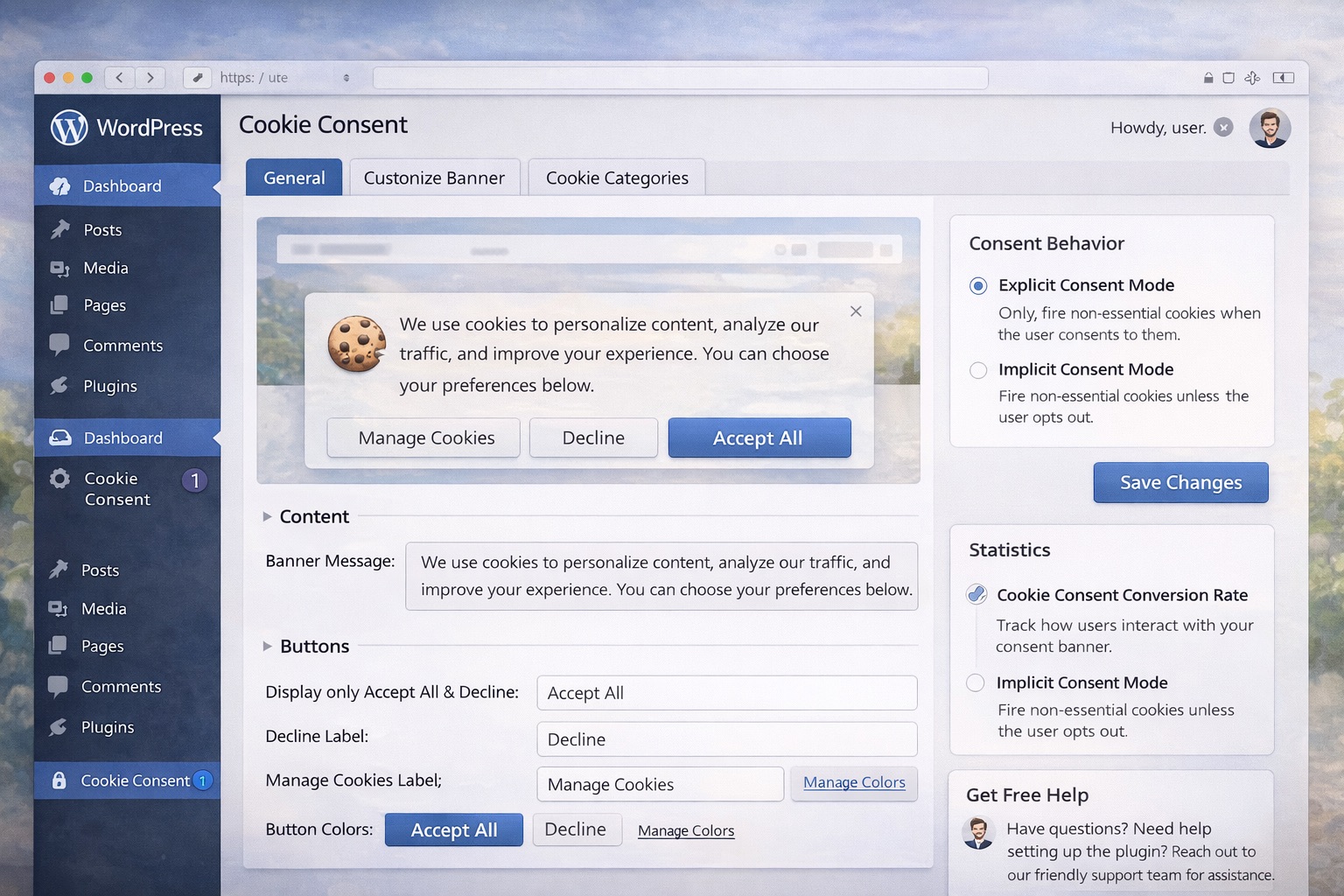 WordPress dashboard showing a cookie consent plugin configuration screen