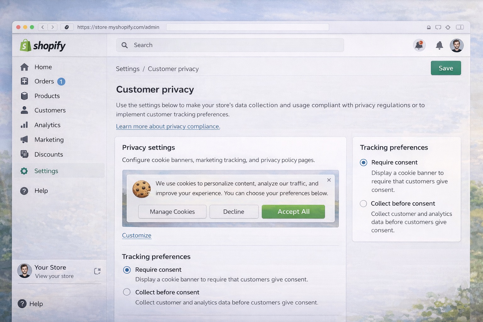 Shopify admin panel showing Customer Privacy settings configuration
