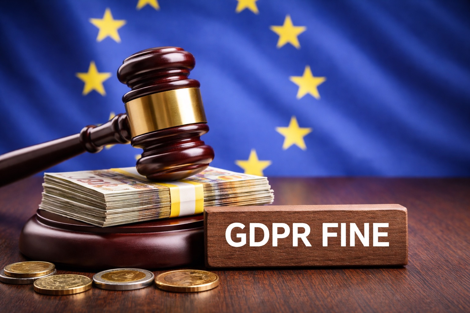 Mazo sobre un escritorio con bandera de la UE representando la aplicación del RGPD y multas por cookies