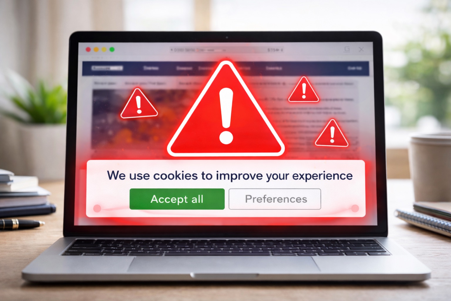 Laptop zeigt ein nicht-konformes Cookie-Banner mit einer roten Warnmeldung