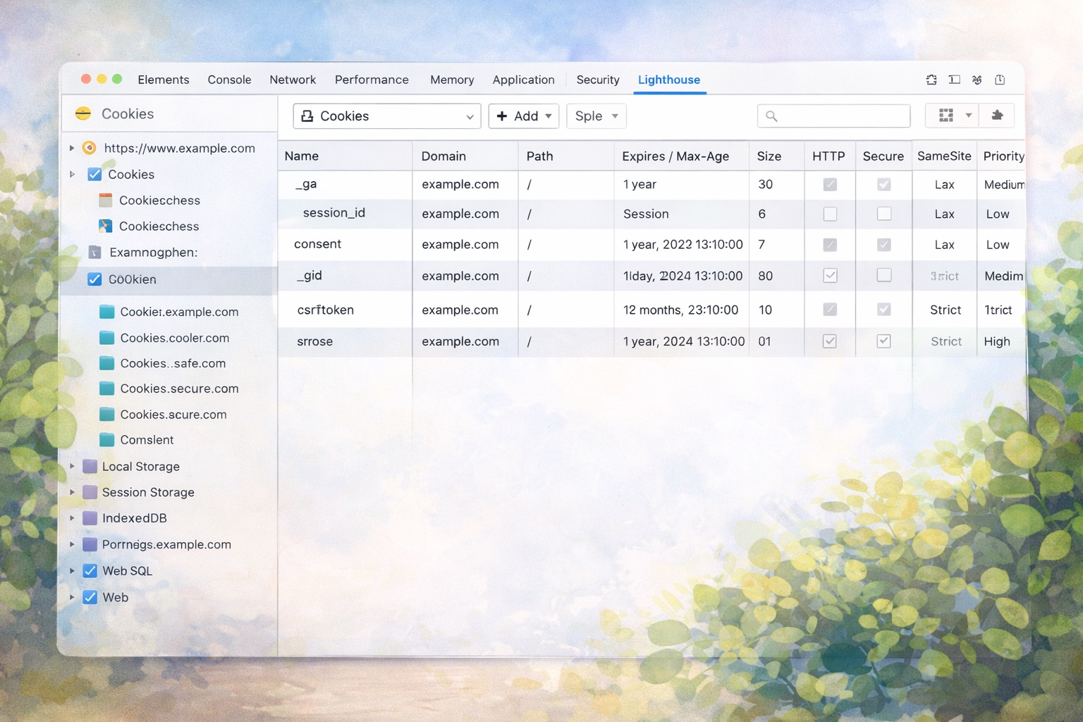 Screenshot della scheda Applicazione di Chrome DevTools che mostra i cookie impostati da un sito web